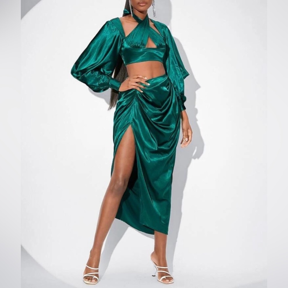 Emerald Green Cutout Tie Back Crop Satin Top and Ruched Split Thigh Satin Skirt